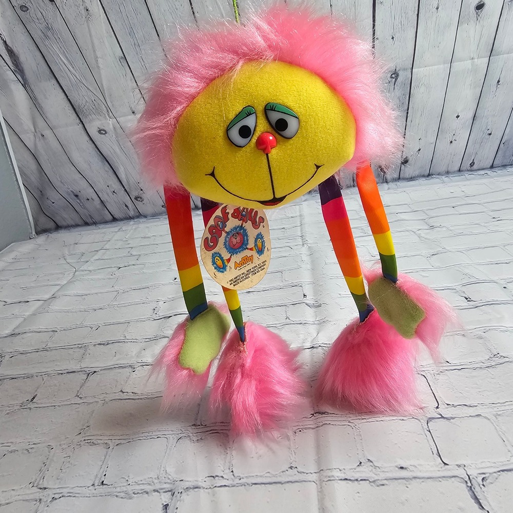 Vintage 1982 AmToy Goof Balls Plush Rainbow Hanging Toy Pink‎ Yellow No Squeaker
